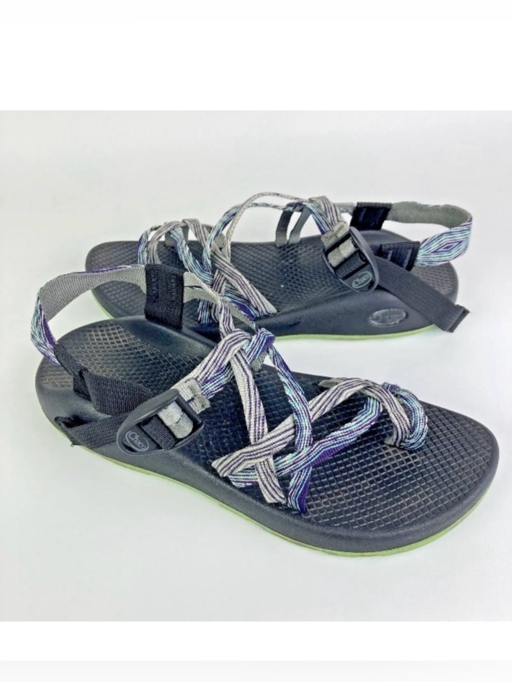 Chaco sandals women 10 Purple Gray Stripe Shoes rubber sole heel straps toe loop